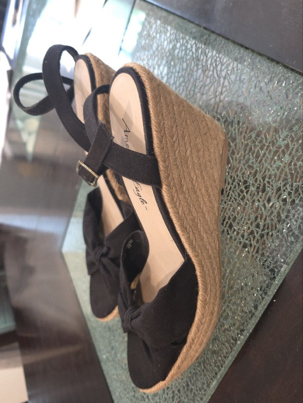 Black American Eagle Espadrille Wedge Sandals